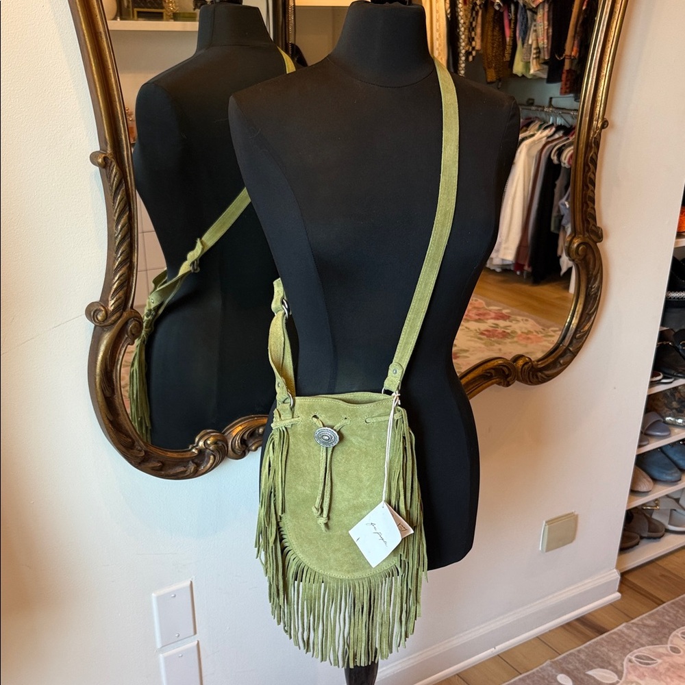 Free People Olive Green Suede Fringe Crossbody Bag